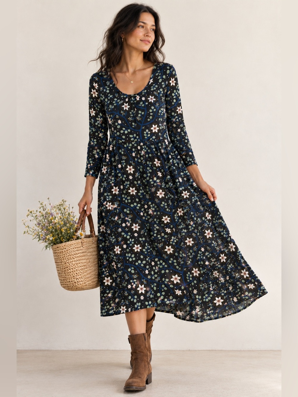 Gudrun Sjoden Floral Midi Dress in Black & Blue Size Medium Like New